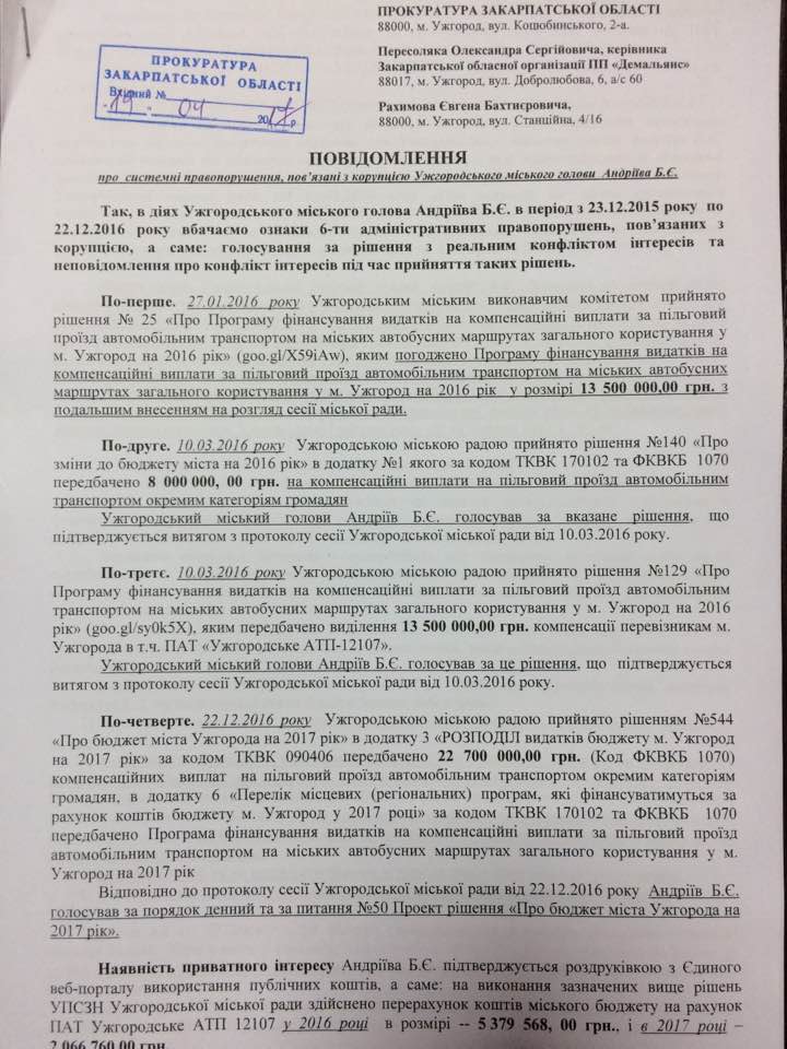 Непомірні бюджетні апетити Ужгородського мера стали причиною звернення активістів до прокуратури (документ)