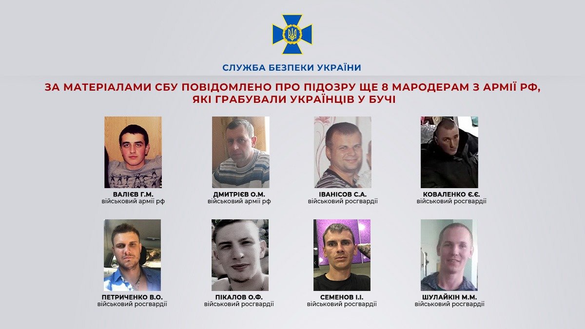 За матеріалами СБУ повідомлено про підозру ще 8 мародерам з армії рф, які грабували українців у Бучі