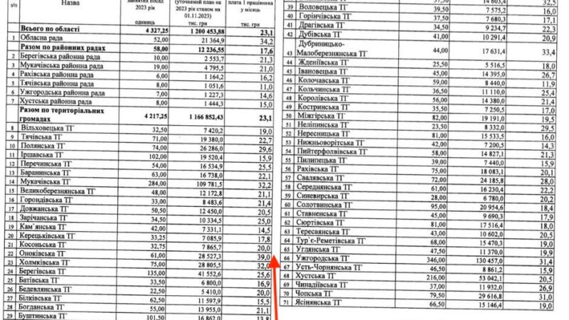 На Закарпатті чиновники Оноківської ОТГ отримують в середньому 39 тисяч зарплати (документ)